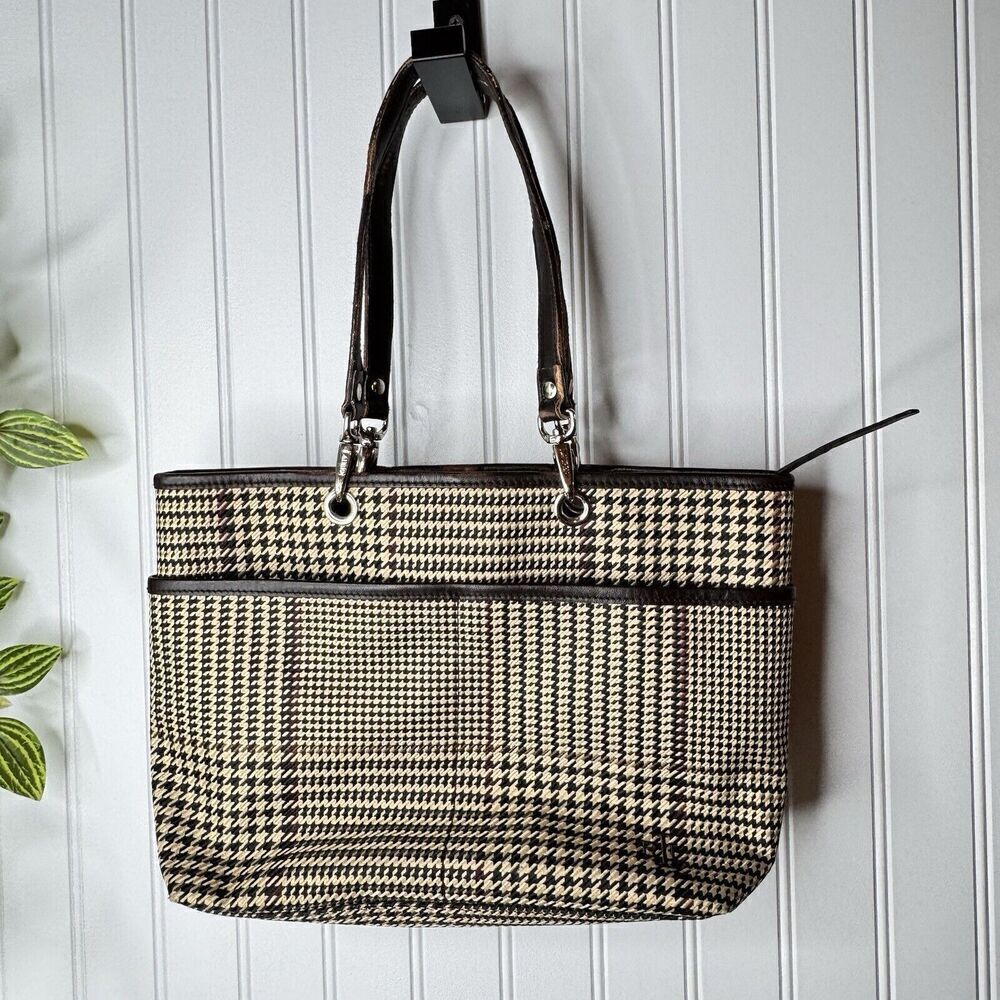 Vintage Ralph Lauren Houndstooth Tan Brown Leather ToteโShoulder Bag RLL Y2K